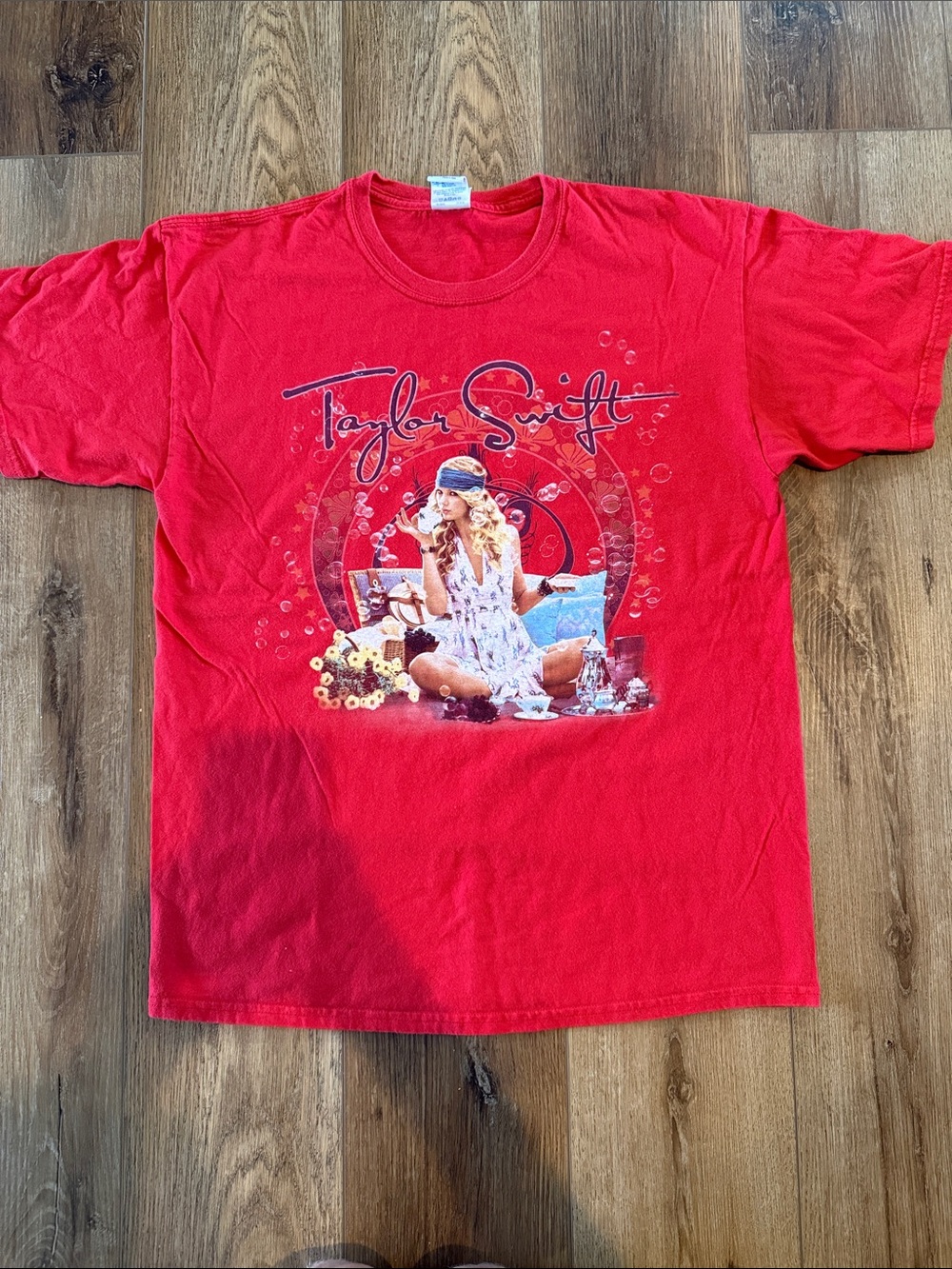 Gildan Red Taylor Swift Graphic Tee with Multi-Color Print